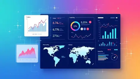 Modern digital dashboard interconnected graphs charts global maps trade risk management