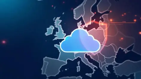 Digital illustration cloud shield europe map cloud cybersecurity protection