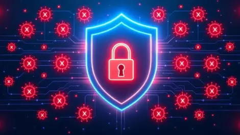 Digital illustration computer shield locked padlock red virus icons cybersecurity protection