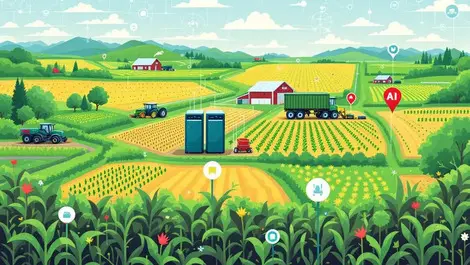 Canadian farm landscape with digital ai servers modernizing food supply chains