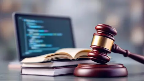 Realistic illustration judges gavel on open books with computer code ai law intersection