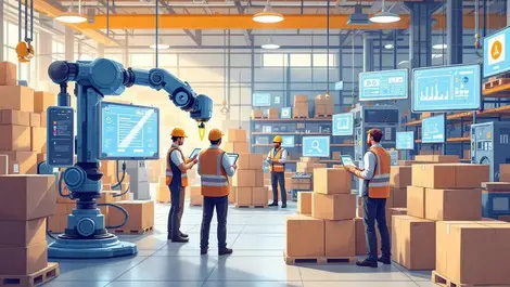 Us logistics workers busy warehouse advanced robotics digital teamwork efficiency