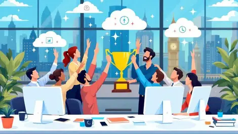 Dynamic office professionals celebrating trophy modern workspace london