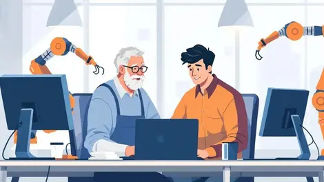 Older younger workers collaborating modern uk office automation robotics arms