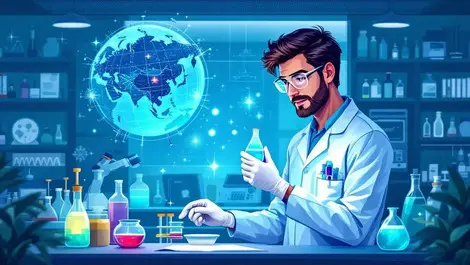 Scientist modern laboratory bright liquid vial medical research globe canada germany us uk france australia