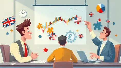 Businesspeople analyzing fluctuating currency exchange graphs and puzzle pieces british pounds us dollars financial risk uncertainty