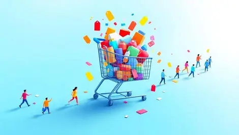 Digital illustration shopping cart overflowing products sale tags computer devices customers walking away