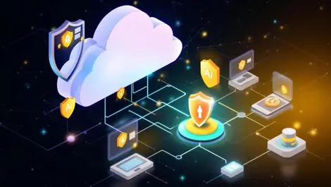 Modern digital illustration secure cloud protective shields network ai identity security