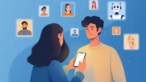 Person looking at smartphone with floating celebrity influencer faces chatbot