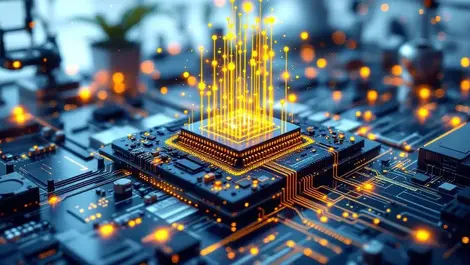 Quantum computer hardware glowing circuits entangled particles scientists laboratory