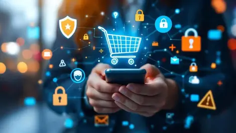 Person shopping online smartphone cyber threats shields locks warning signs digital activity