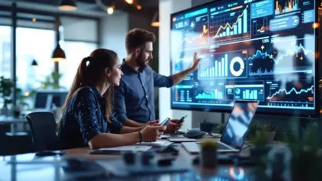 Business professionals modern office analyzing mobile devices digital graphs