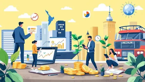 New zealand city skyline digital financial planning growth laptops coins
