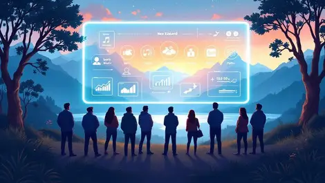 New zealand people around glowing screen icons sports music safety investing politics internet trends