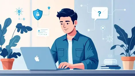 Australian small business owner working on laptop with digital protection icons