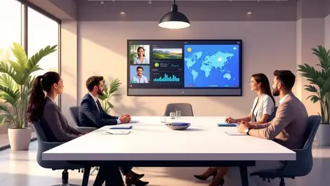 Australian hybrid office meeting digital data green icons modern