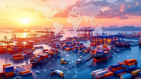 Global sunrise shipping port ai data network supply chain map