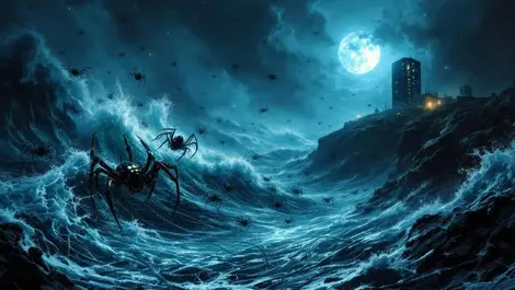 Stormy ocean night cyber attack undersea cables bot war scene