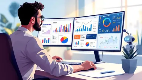 Marketing analyst ai robot assistant analyzing digital ad dashboards