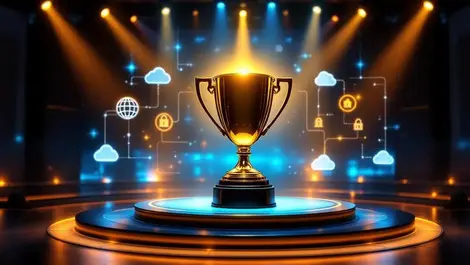Corporate awards stage trophy network cables cloud security warm