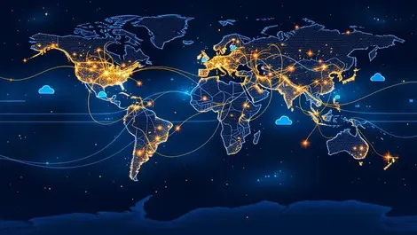 Glowing world map night undersea cables cloud servers outages damage