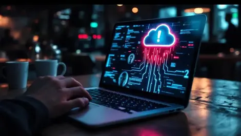 Cinematic laptop warning faces hacker hands cloud data streams