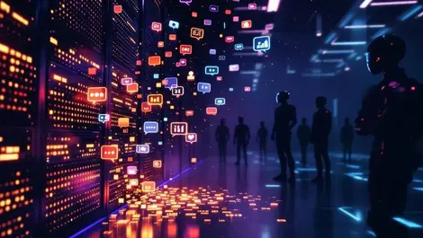 Ai server room social network data breach chat bubbles robot
