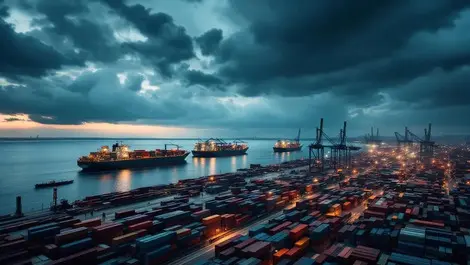 Moody european port dusk stormy clouds shipping delays congestion