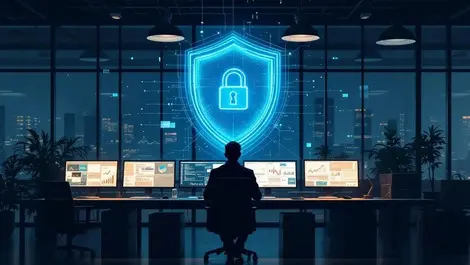 Moody nighttime office insider copying files digital security shield