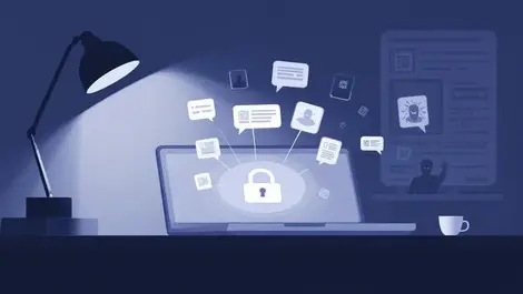 Dim office ransomware laptop chat bubbles qr codes masked figures