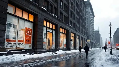 Moody shuttered canadian department store winter sidewalk scene