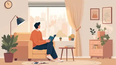 Cozy uk living room digital detox reading by window cityscape