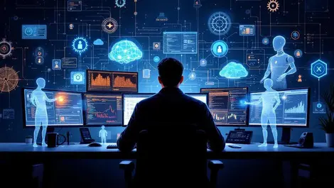 Cybersecurity analyst with ai assistants dark office vuln detection