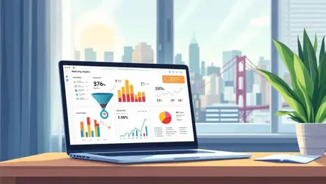 Marketing analytics dashboard laptop sf skyline flat vector daylight