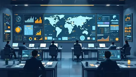 Modern bank ops room digital world map fraud monitoring scene