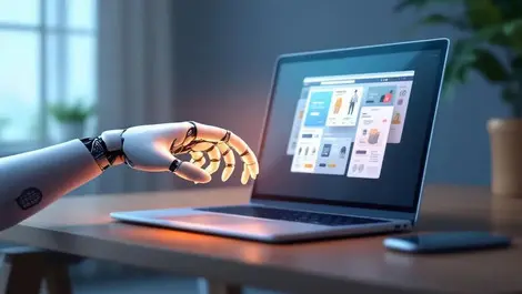 Ai robotic hand guiding online shopping on laptop desk scene