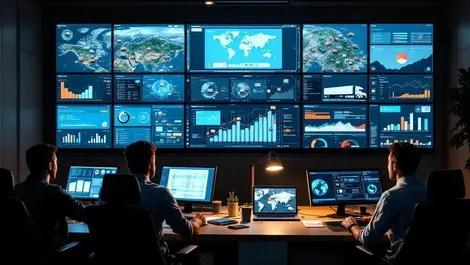 Modern trucking control room wall maps fleet dashboards collab