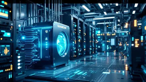 Photorealistic quantum lab cryogenic chamber gpu rack blue tones